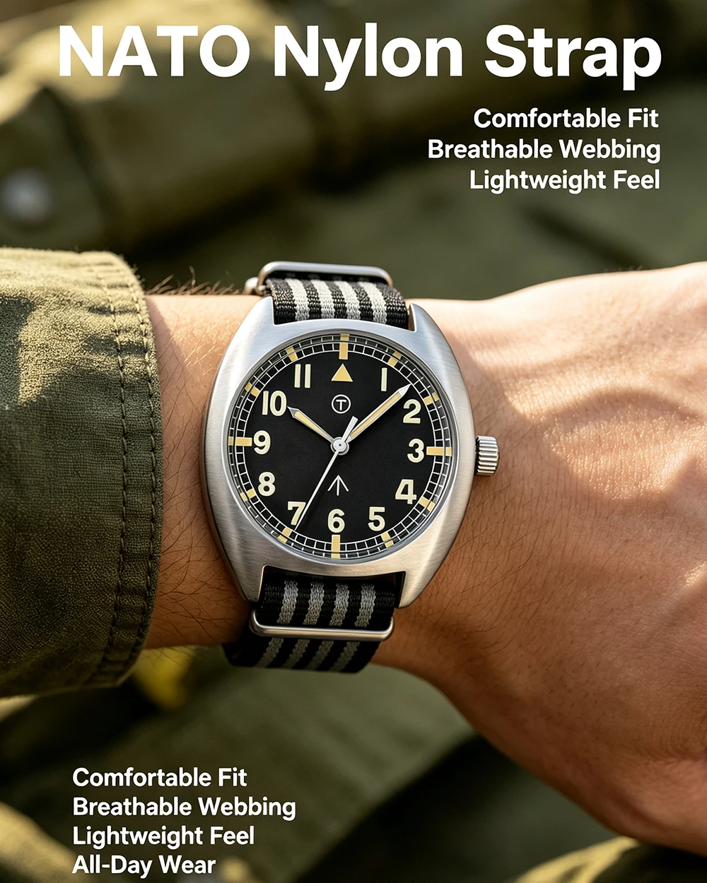 MILITREK MT9004 Vintage-Militär-Quarzuhr, 38 mm, 316L-Edelstahl, 100 m wasserdicht, Saphirglas, C3, leuchtende Herren-Felduhr – Detail 6