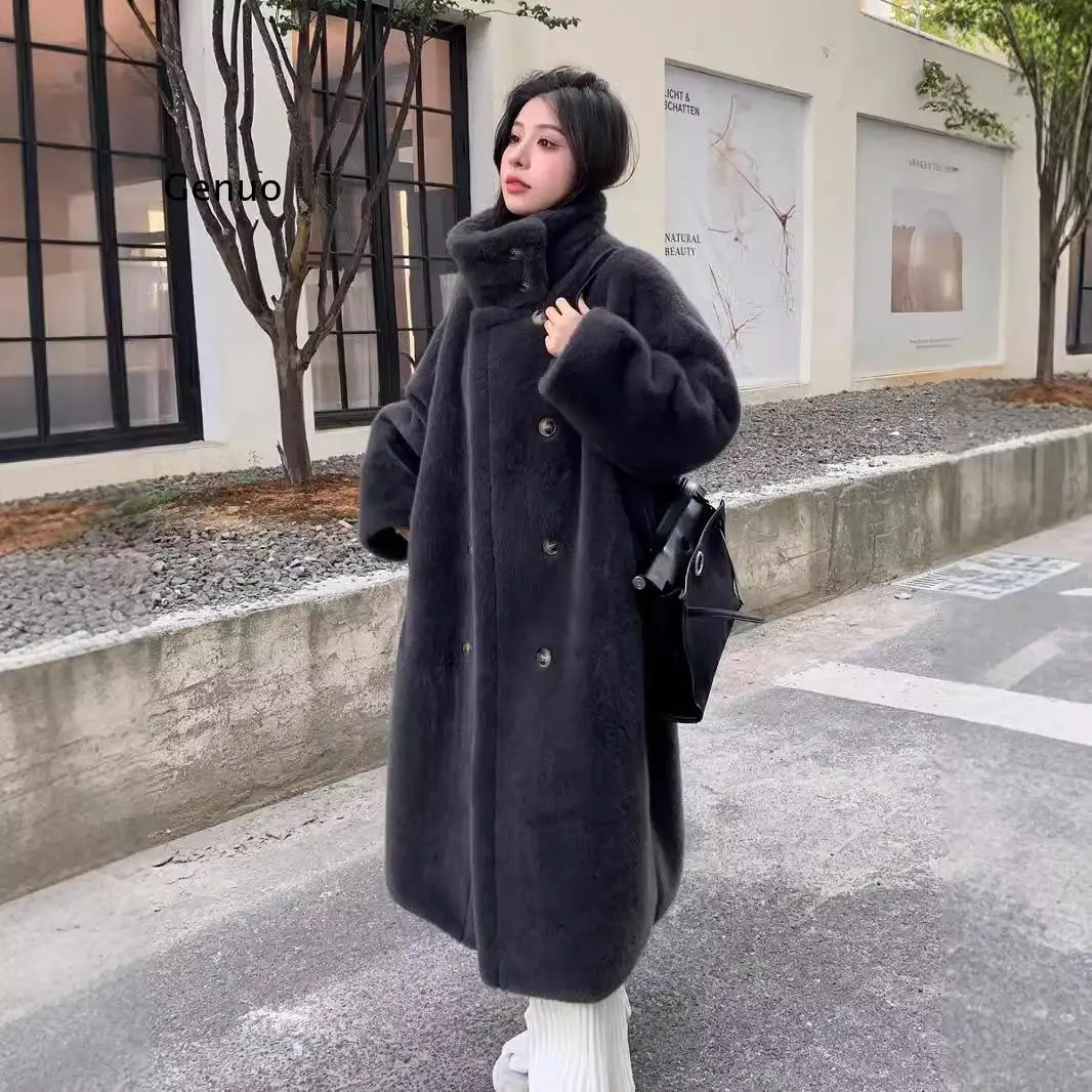 Winter High Neck Faux Mink Fur Long Plush Coat Women Loose Oversized Double-breasted Fluffy Outerwear