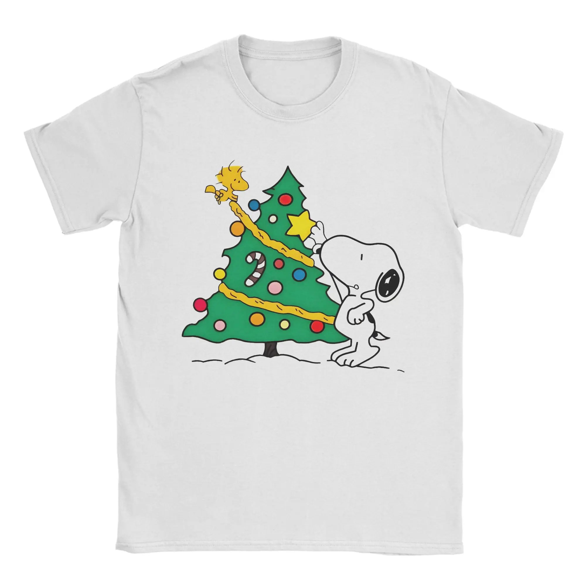 Camisetas Snoopy Woodstock com estampa de árvore de Natal, masculinas e femininas, de algodão, engraçadas, com gola redonda, manga curta, roupas plus 