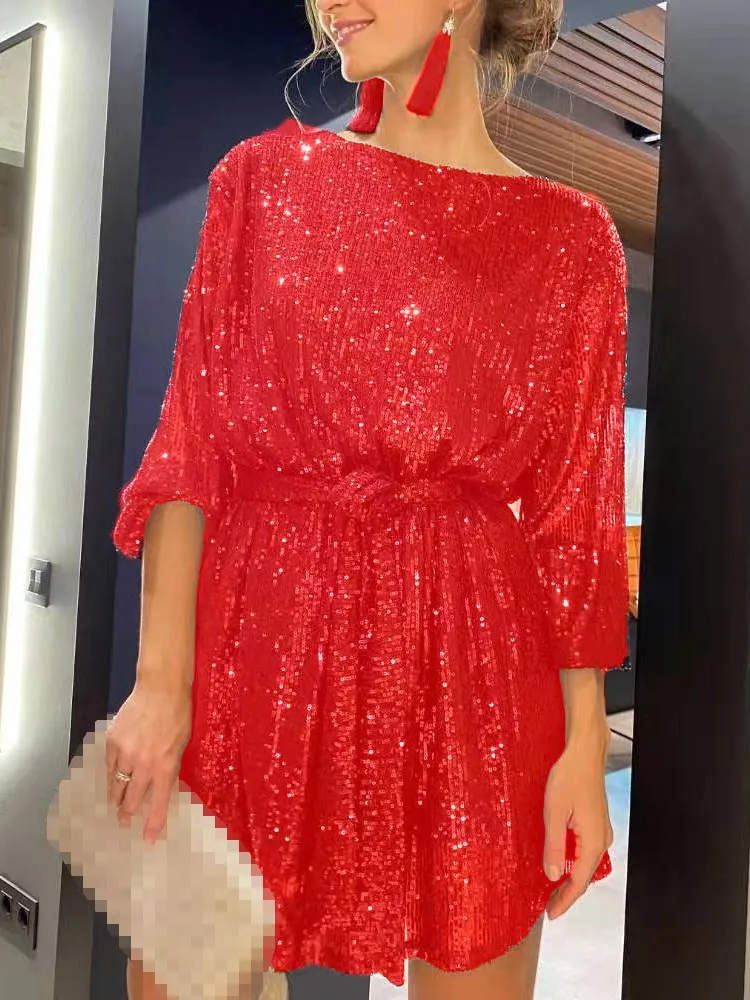 

2024 Women's New Spring Autumn Seasonal Party Fashion Bubble Sleeves Long Sleeves Sparkling Bead Color Waist Dress Small Dress