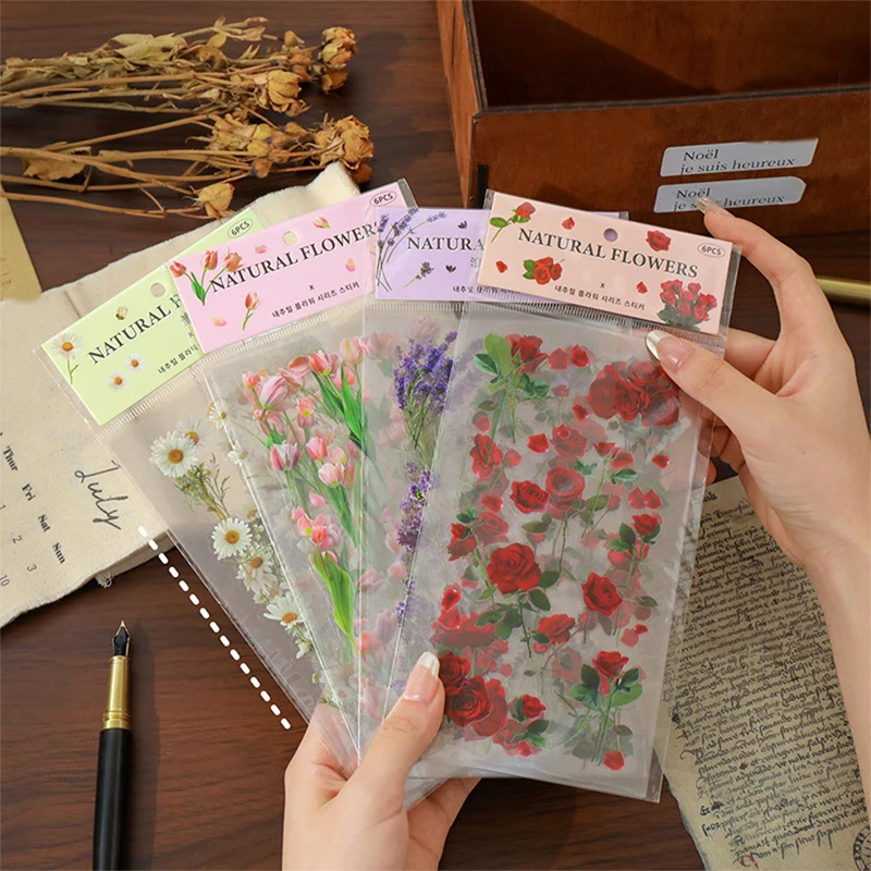 4 Packs 24 Sheets PET Transparent Plant Flower Stickers Waterproof Flower Style Sticker DIY Creative Decoration Sticker Toys