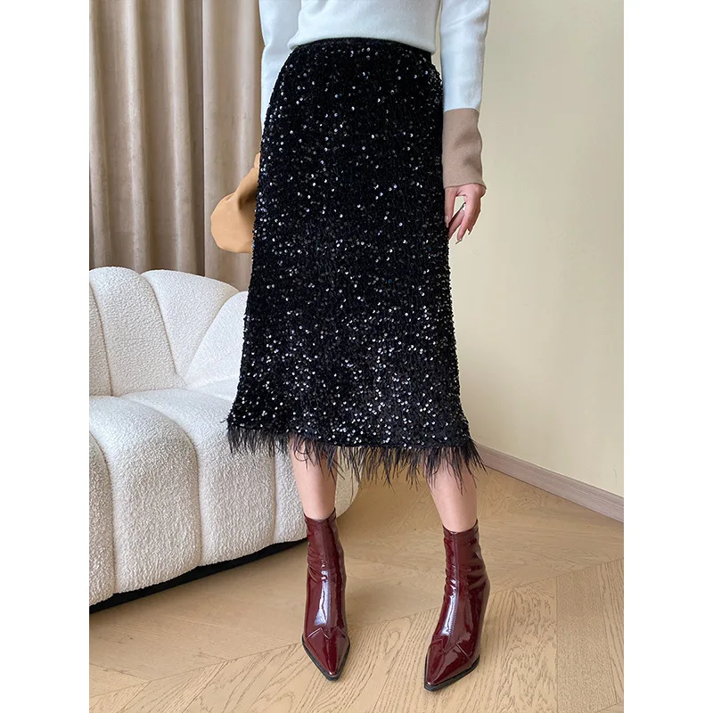 Women's Sexy Sequins Beading Long Skirts High Waist Elegant Black Party Skirt Femme Faldas Jupe Saia Women Bodycon Skirt