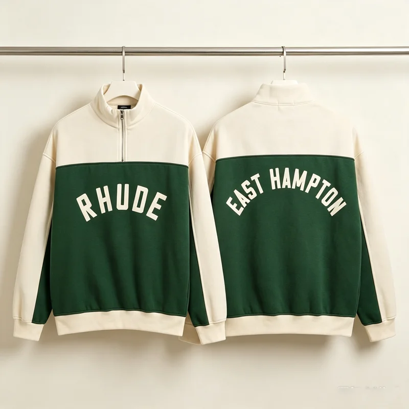 Half Zipper Splice Color RHUDE Sweatshirts Men Women Color Blocking Casual Pullovers Loose High Quality Fleece Baggy Clothes