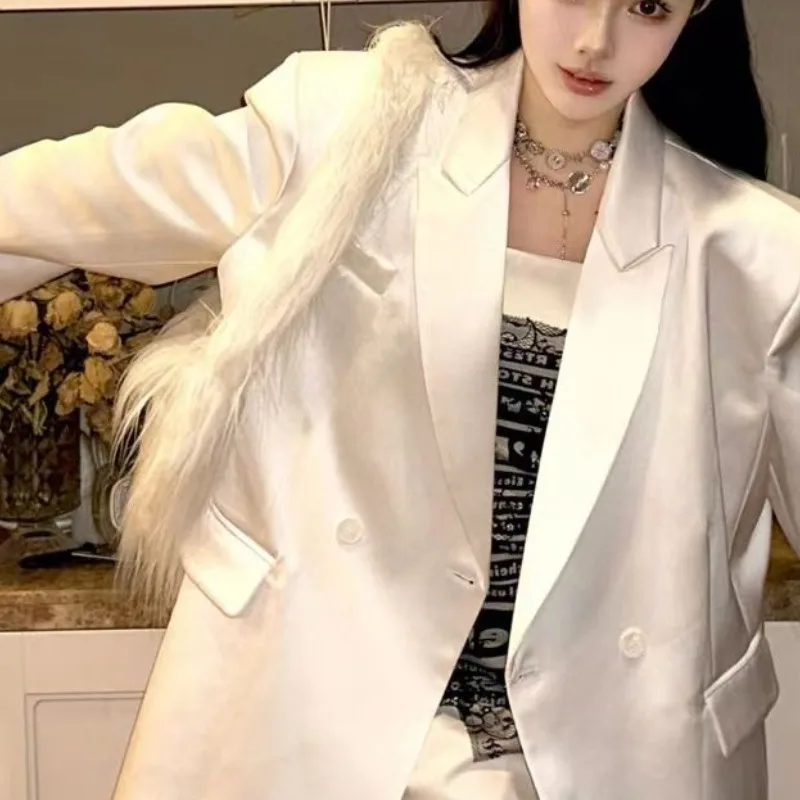 High Sense Satin Jacket Women 2024 Spring Autumn Small Korean All Loose Casual Suit Top Women\'s Clothing White Simple Coats