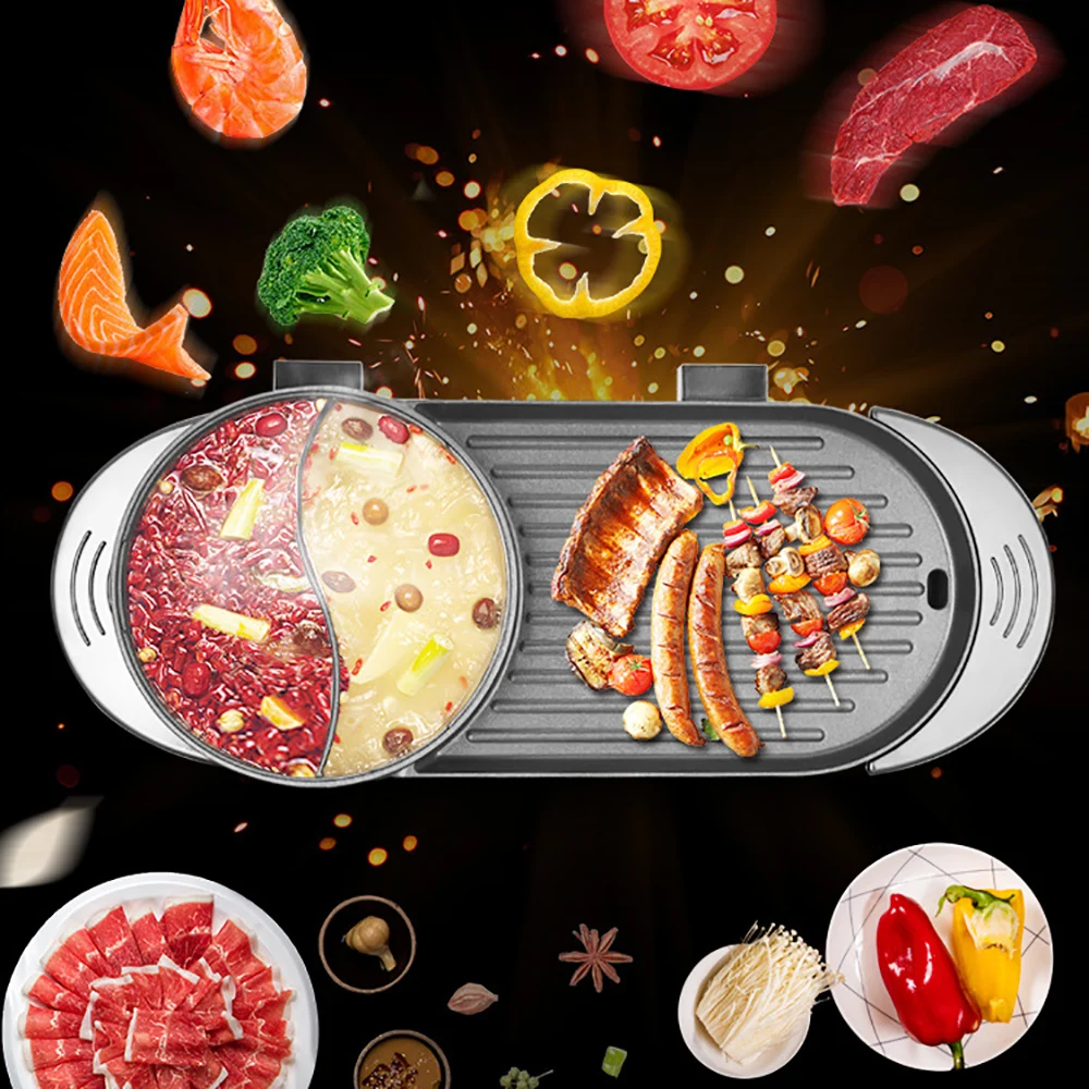 Portable Electric 2 In 1 Grill & Hot Pot Teppanyaki Non-Stick Smokeless Home Barbecue Pan Double Adjustable Thermostat