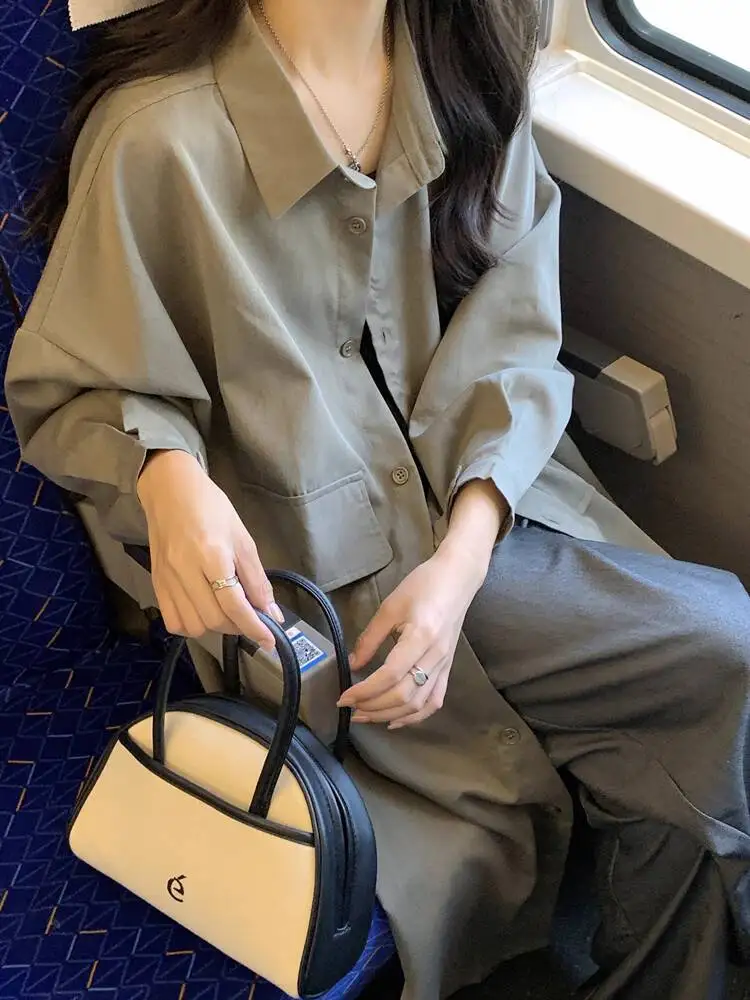 Plus Size Women's Windbreak 2025 Autumn Spring Trench Coat Loose Long Sleeve Batwing Sleeve Design Mid Length Shirt Outerwear