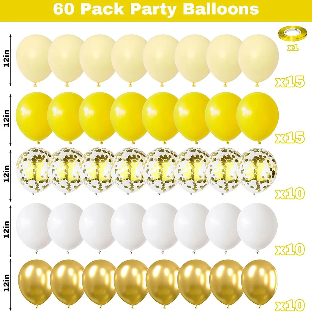 60 Yellow Balloons, 30.48cm Yellow and White Party Balloons, Light Macaron Yellow White Golden Confetti Helium Latex Balloon Set for Baby Shower