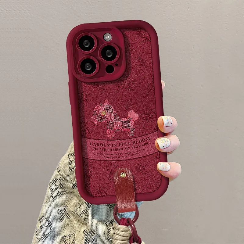 حبل معلق على شكل حصان زهور مناسب لحافظة هاتف آبل 17 للعام الجديد 16 برو جلد الغنم 15 سيليكون 14 مضاد للسقوط 12/11