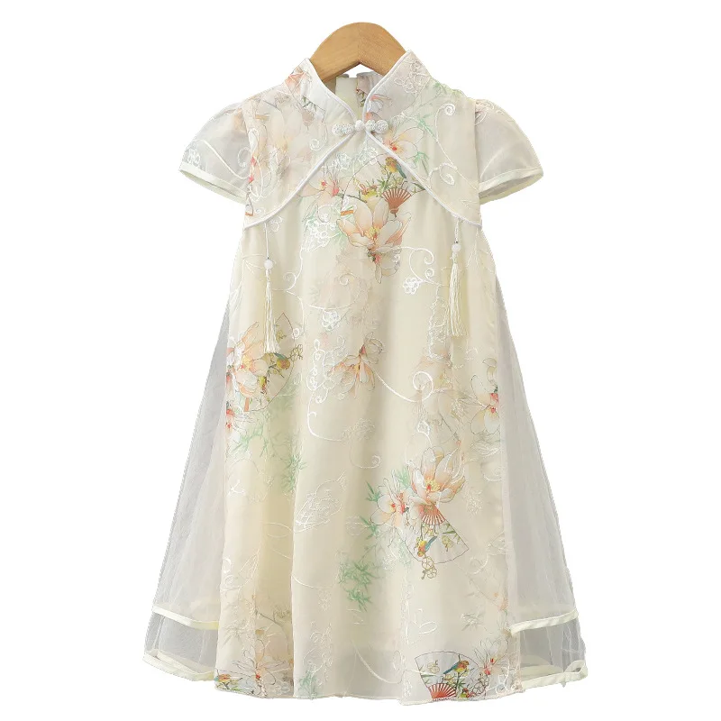 Baby Girl Summer Qipao Chinese Tradition Style Kids Flower Printing Tang Costume 2-10 Years Loose Sleeves Dress Birthday Gift