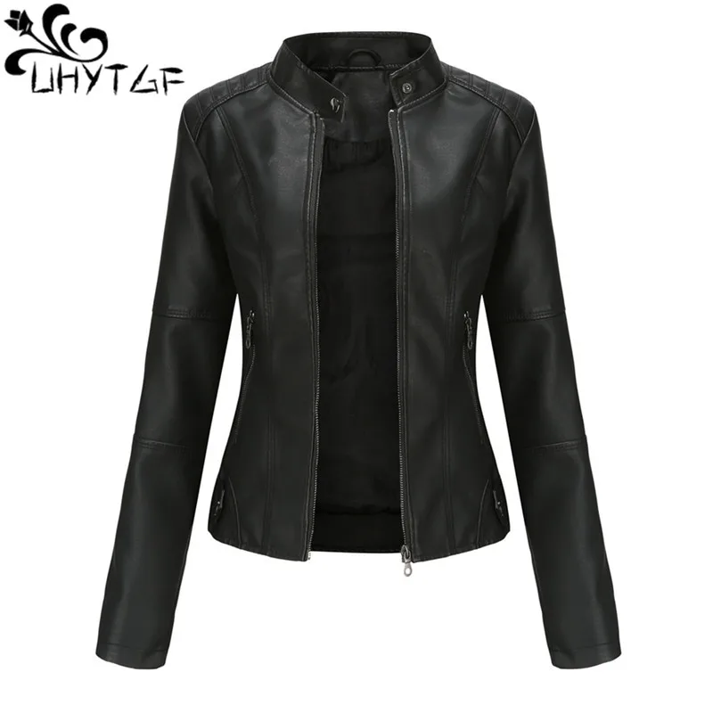 

UHYTGF Leather Jacket Women 2023 Zipper Slim Spring Autumn Pu Leather Coat Female Biker Thin 4XL Large Size Outewear Ladies 2743