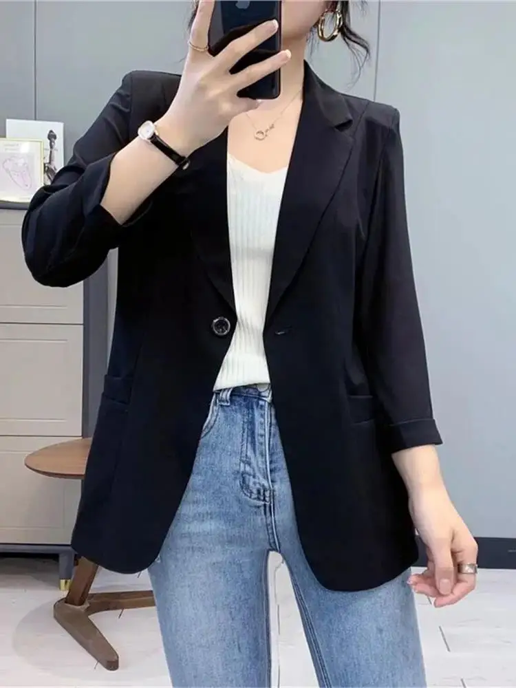 

Spring Autumn Thin Seven-Quarter Sve Suit Jaet Women's Premium Faion Slim Fit Large Size Outerwear Lightweight