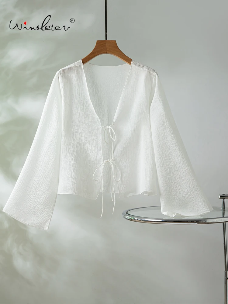 

Winsleter-100%Real Silk Bubble Crepe Elegant Shirt, V Neck Flare Sleeve, Women French Casual Loose Blouse, 2026 Summer T66240CC
