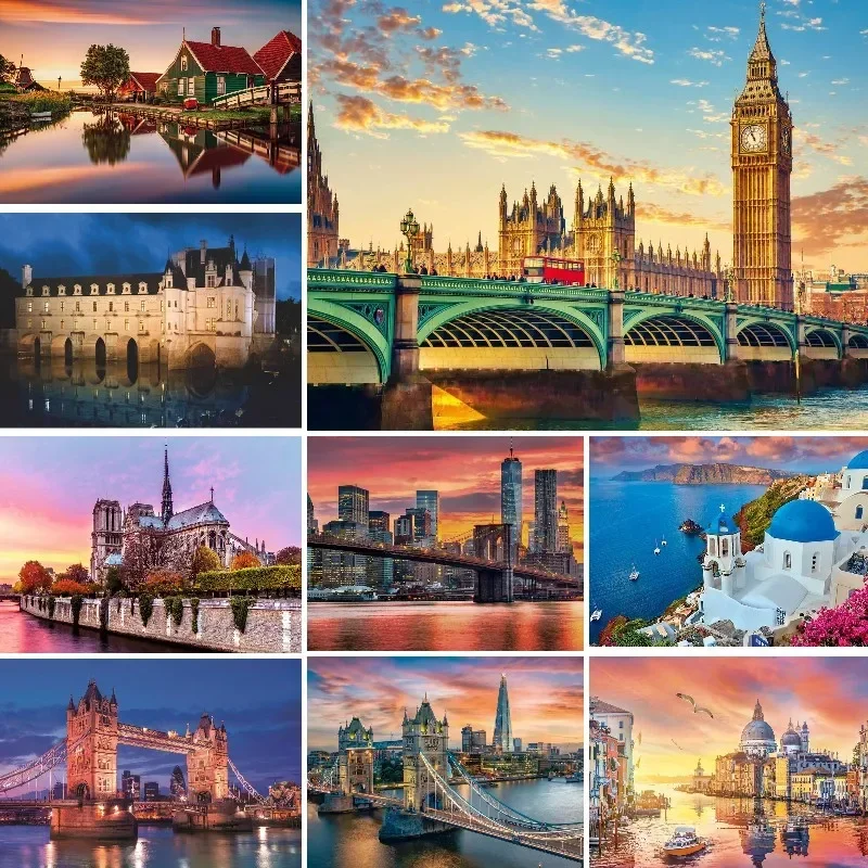 5D Diamond Painting for Home Decor, Full Drill, Square, Top Tourist Attractions in Europe, Embroidery Rhinestones, Cross Stitch