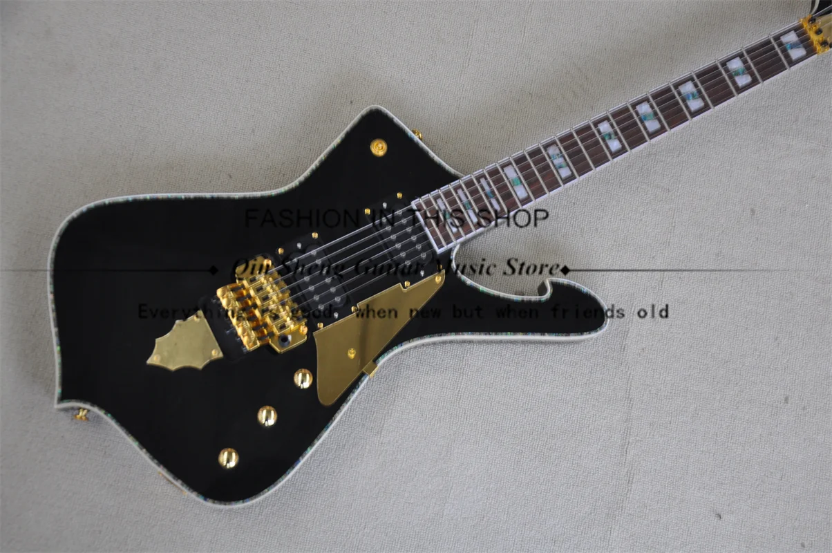 

Black Electric Guitar Ice Man Guitar Tremolo Bridge Gold Mirror Pickguard Color Shell Binding 22 Frets