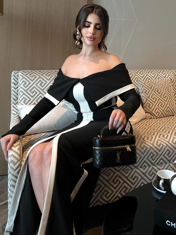 فستان VC Gala Glamour أبيض وأسود مكشوف الكتفين بدون ظهر مع فتحة عالية للثوب الرسمي