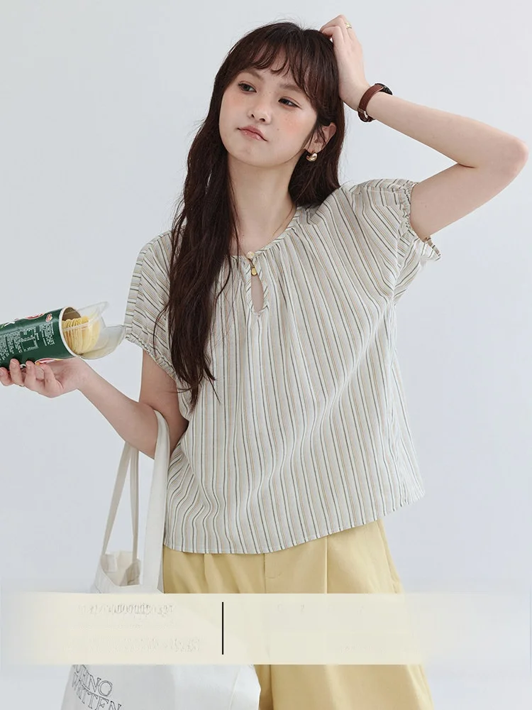 

AMUU Original Hollow out round Neck Striped Shirt Women Summer New Loose Pure Cotton Short Sleeve Top Breathable Comfortable
