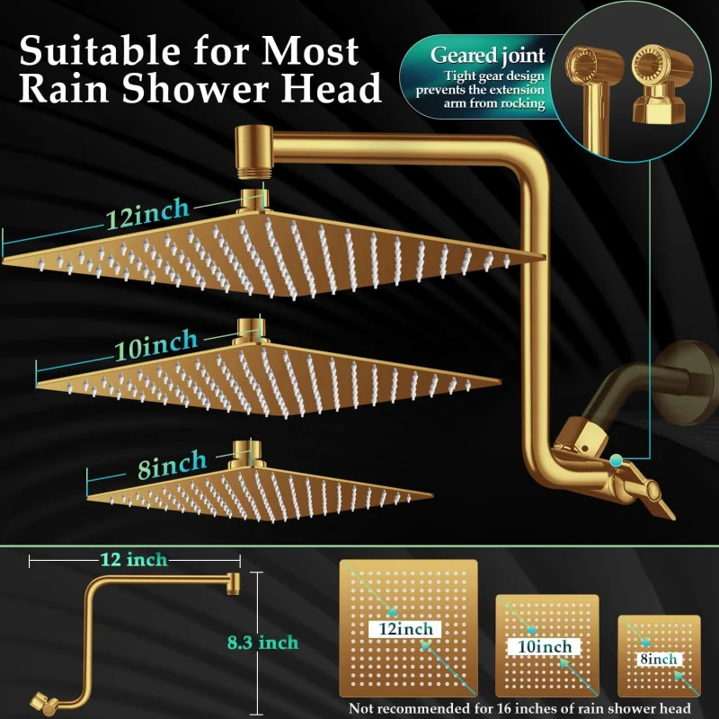Rain Shower Extension Arm, Upgrade 12 Inch Metal Shower Extend Arm, Height/Angle Adjustable Curved Showerhead Extender with