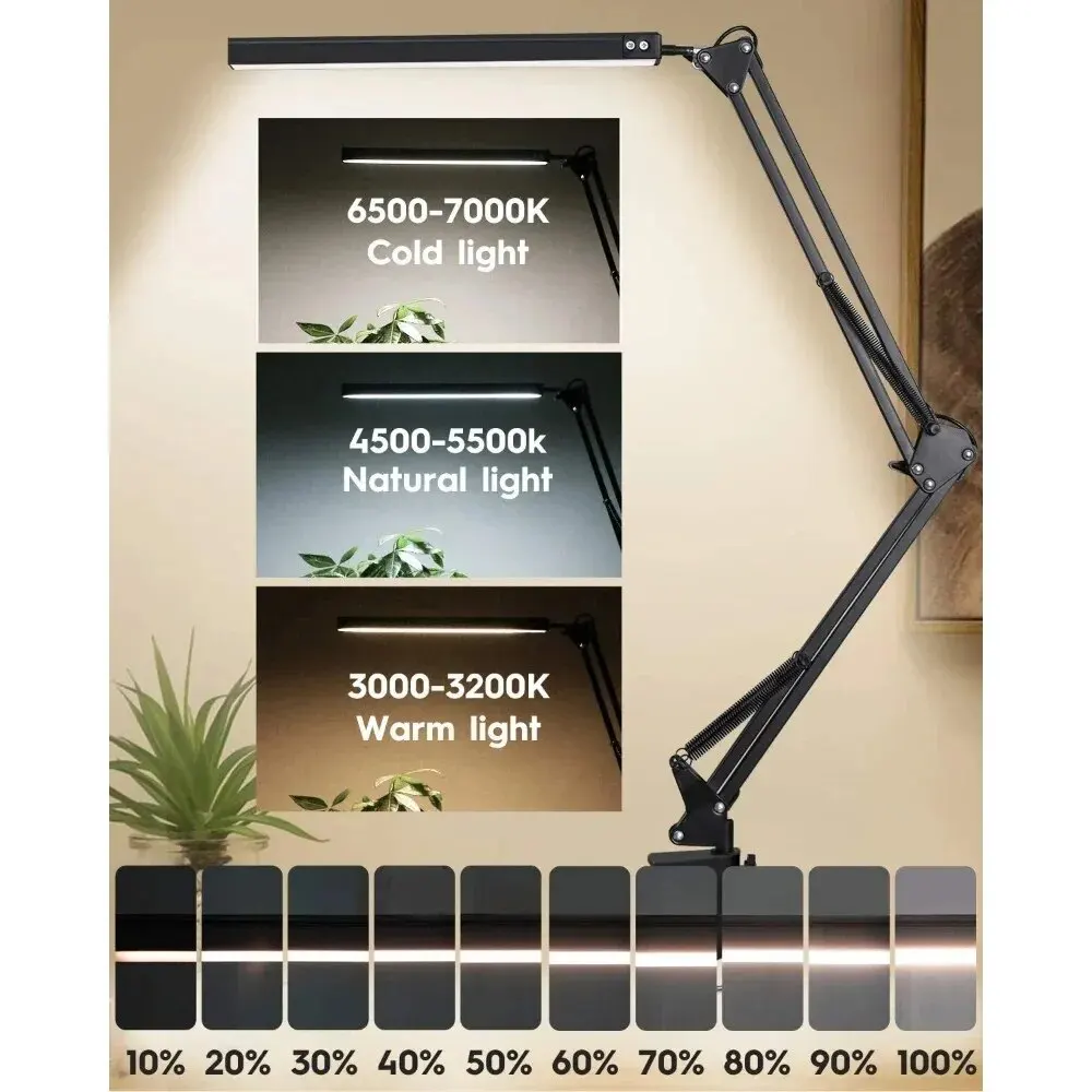 10W LED Desk Lamp with Clamp Swing Arm Eye-Caring Dimmable Desk Light 10 Brightness Levels 3 Modes USB Charging