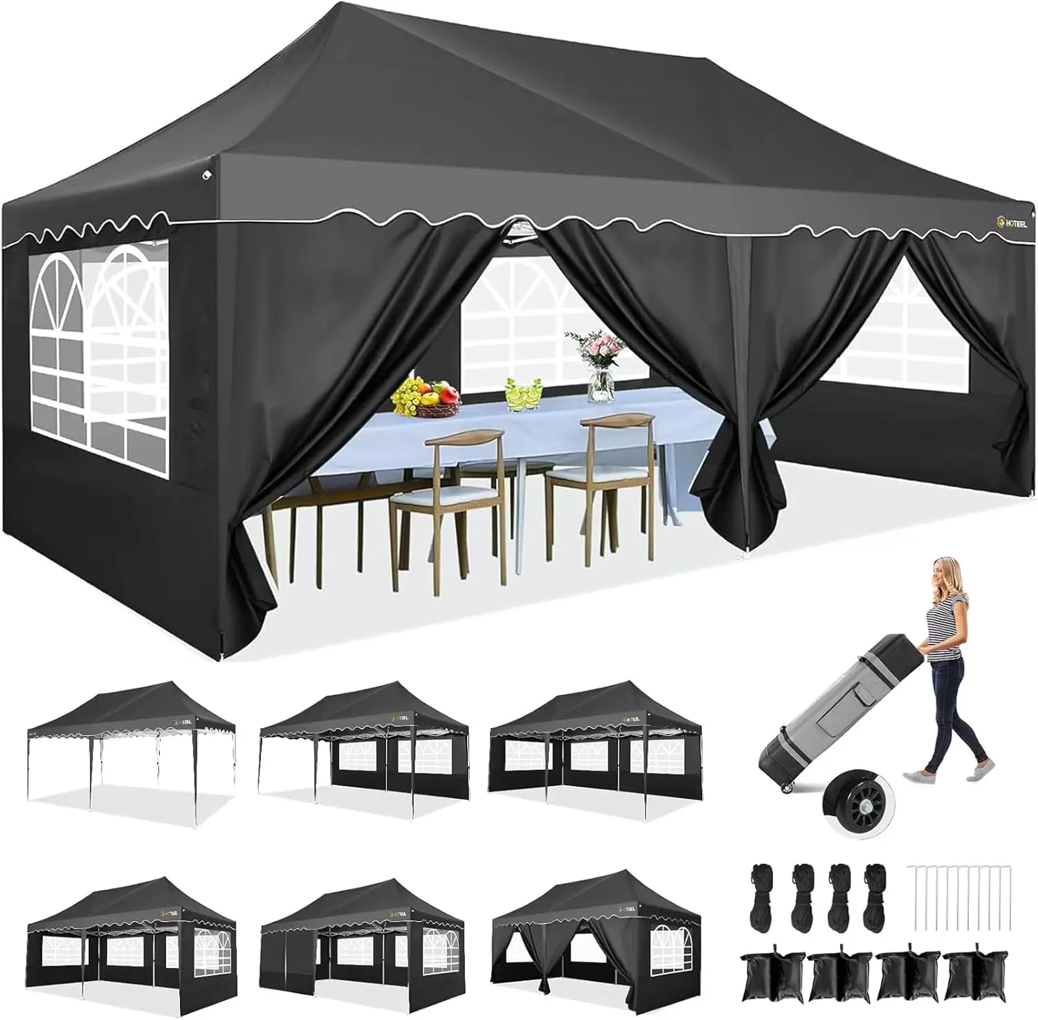 

10x20 Canopy With 6 SidewallsTents for Parties, Outdoor Tent with 6 Sidewalls & Wheeled Bag & 4 Sandbags,Black