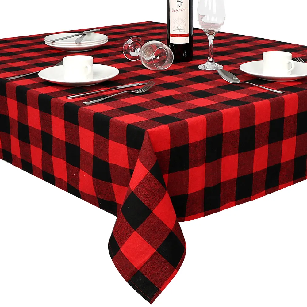 OurWarm Christmas Tablecloth Rectangle Tablecloth Round  with Cotton Waterproof Red and Black Check for Xmas Table Decorations