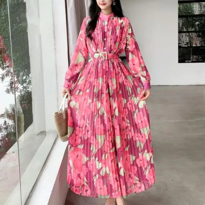 HKSH Primavera Autunno Nuove donne vestono fiore stampato colletto alla coreana maniche lunghe pieghe con cintura abiti eleganti casual francesi HK17034