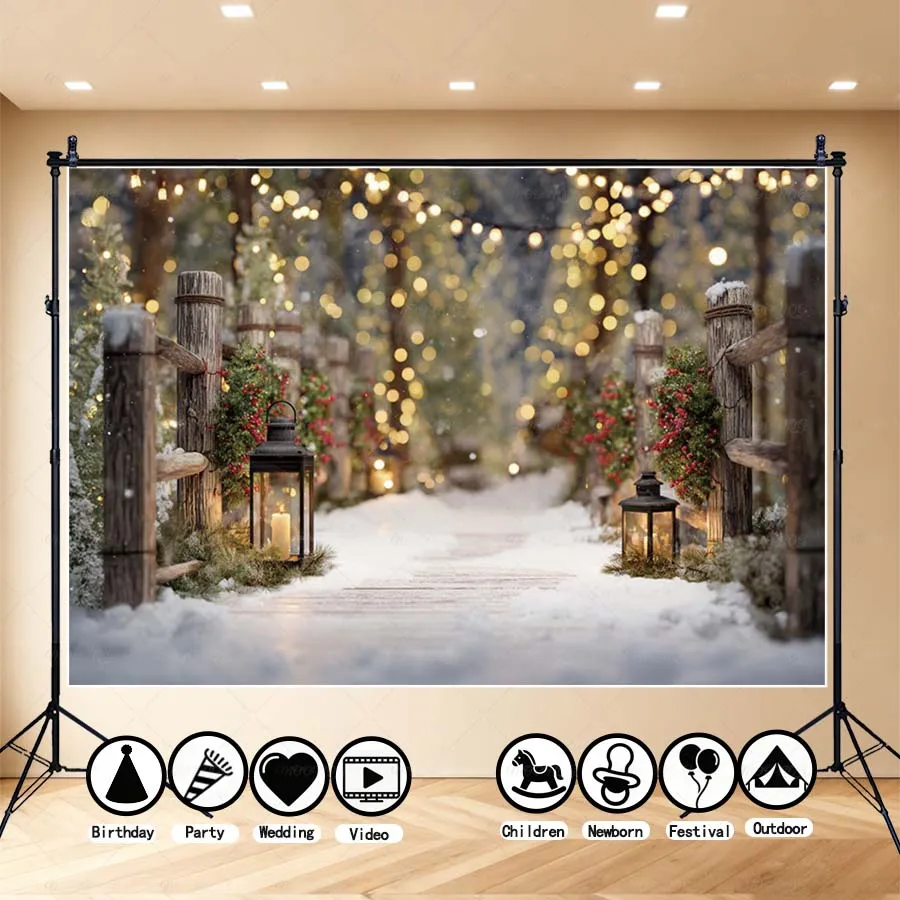 

MOON.QG Background Wooden Fence Bokeh Winter Pathway Backdrops For Photography Decoration Poster Photobooth Photo Studio Family