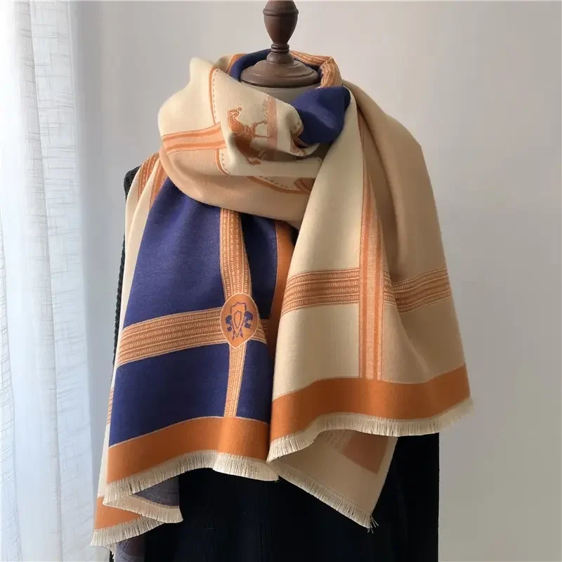 Thick Women Winter Scarf Luxury Horse Print Cashmere Poncho Shawl Travel Wraps Pashmin Blanket Casual Bufanda Echarpe