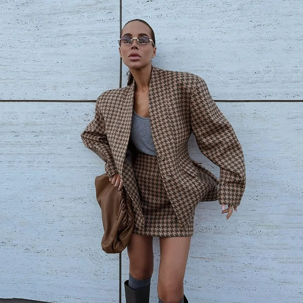 

New Arrive Fashion Houndstooth Women's Suit 2 Pieces Jacket Skirt High Quality Office Commute Lady Chic Office Outfits