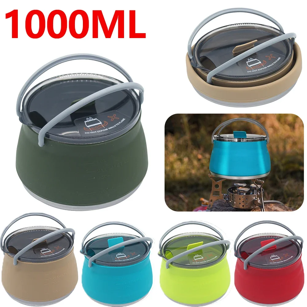 Silicone Folding Kettle Camping Teapot 1L Portable Coffee Tea Cooker Collapsible Boiling Water Pot with Handle Camping Supplies