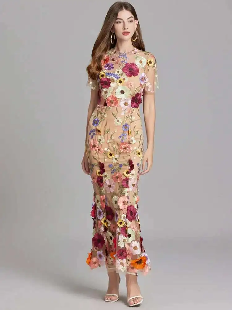 Runway New Summer Mesh 3D Flower Embroidery Lace Mermaid Evening Prom Dress Women Short Sleeve Holiday Wedding Party Vestido