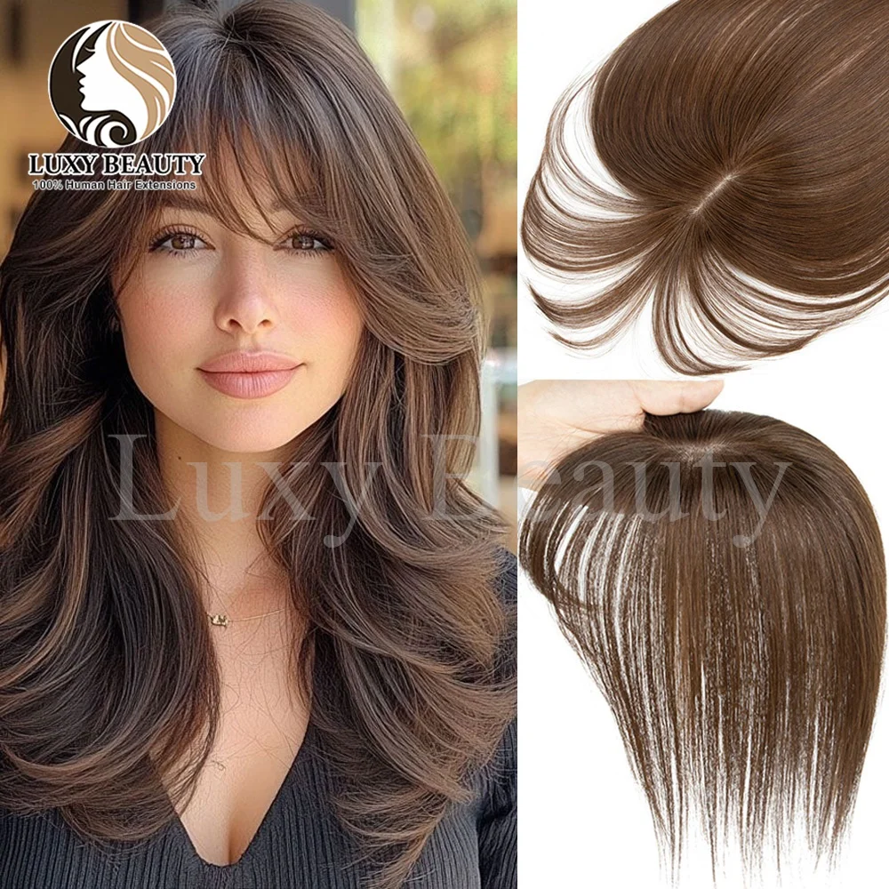 

Женские накладки для волос из натуральных человеческих волос коричневого цвета с челкой, 5x9 см, натуральный черный, блонд, имитация кожи головы, на заколках, накладные пряди из натуральных волос с челкой