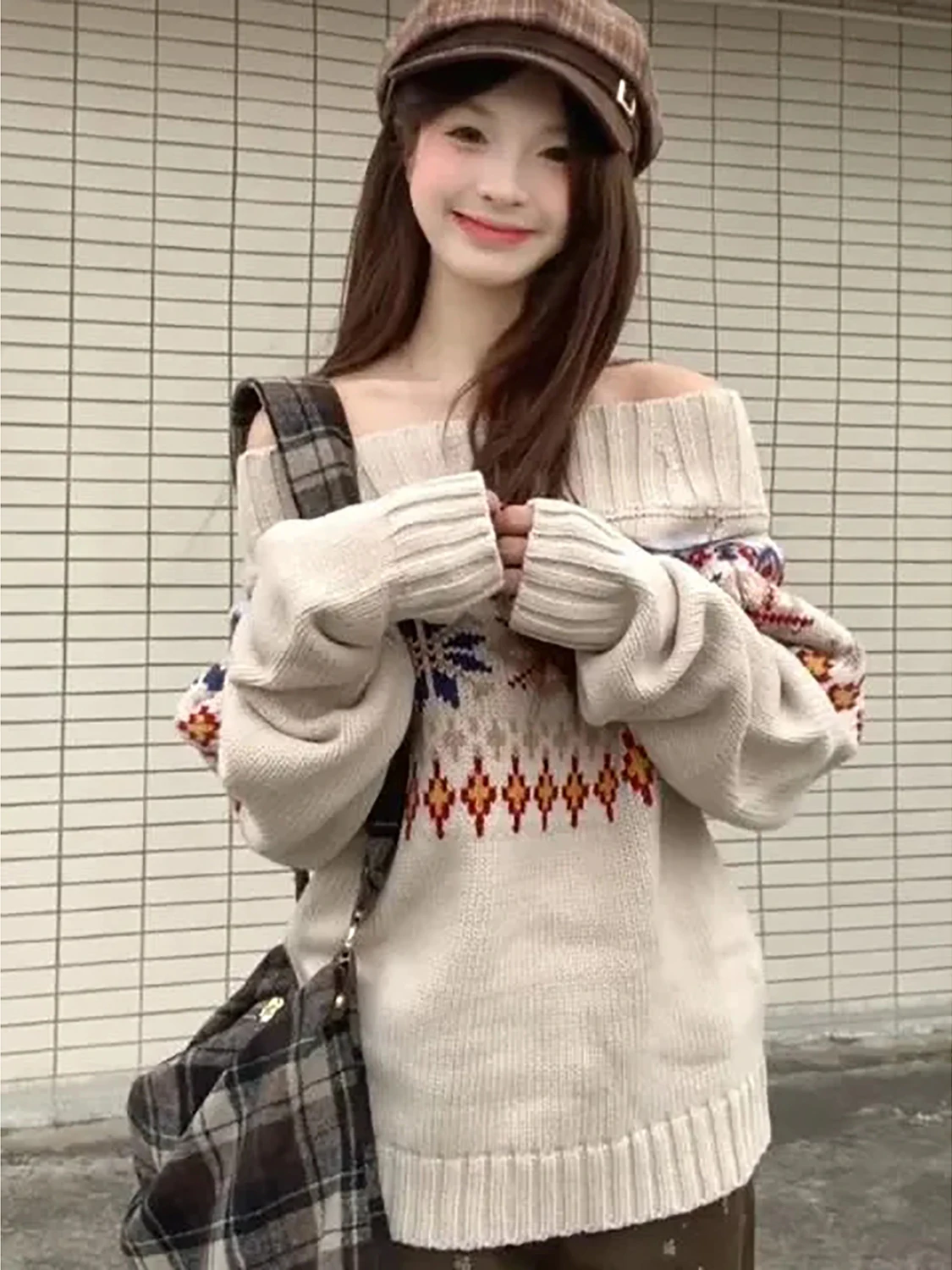 الرجعية معرض جزيرة متماسكة سترة المرأة فضفاضة كسول يشعر oulder كلمة واحدة الخريف الشتاء جديد Sle طويل Sve النقي على الانترنت Ss #5