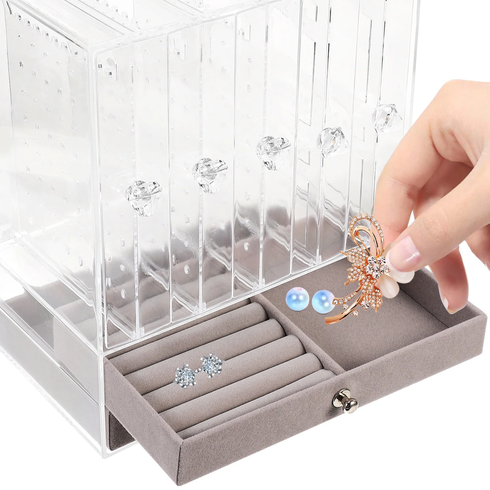 

Двухъярусный органайзер для украшений с выдвижными ящиками, контейнер для серег, настольный органайзер, прозрачный акриловый ящик для украшений для домашнего использования