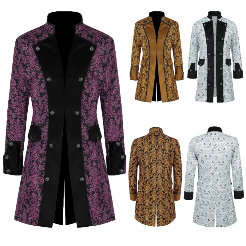 2026 Purple Fashion Steampunk Vintage Coat for Men, Yellow Medieval Stand Collar Printed Men's Jacket,Stage Performance Costume