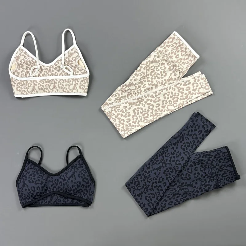 HISTELLO 2Pcs Leopard Yoga Bra Leggings Set Women Butt Lifting Legging Sexy Backless Sports Bra Removable Pad Gym Workout Suit