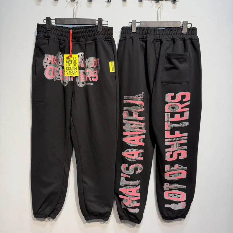 Y2K Streetwear Men Elastic‑Waist That's A Awful Lot of Cough Syrup Sweatpants Vertical Big Letter Gear Print Pants