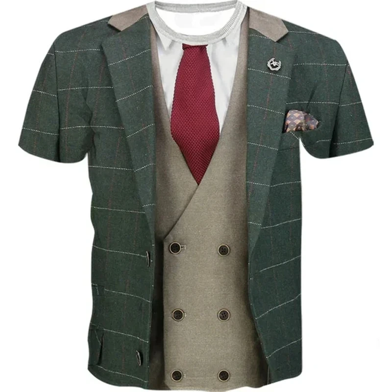 2024 Summer New Men's Business Fake Suit Graphic 3D Print T-shirt Streetwear Fashion Men Women Short Sleeve Tees Tops Clothing