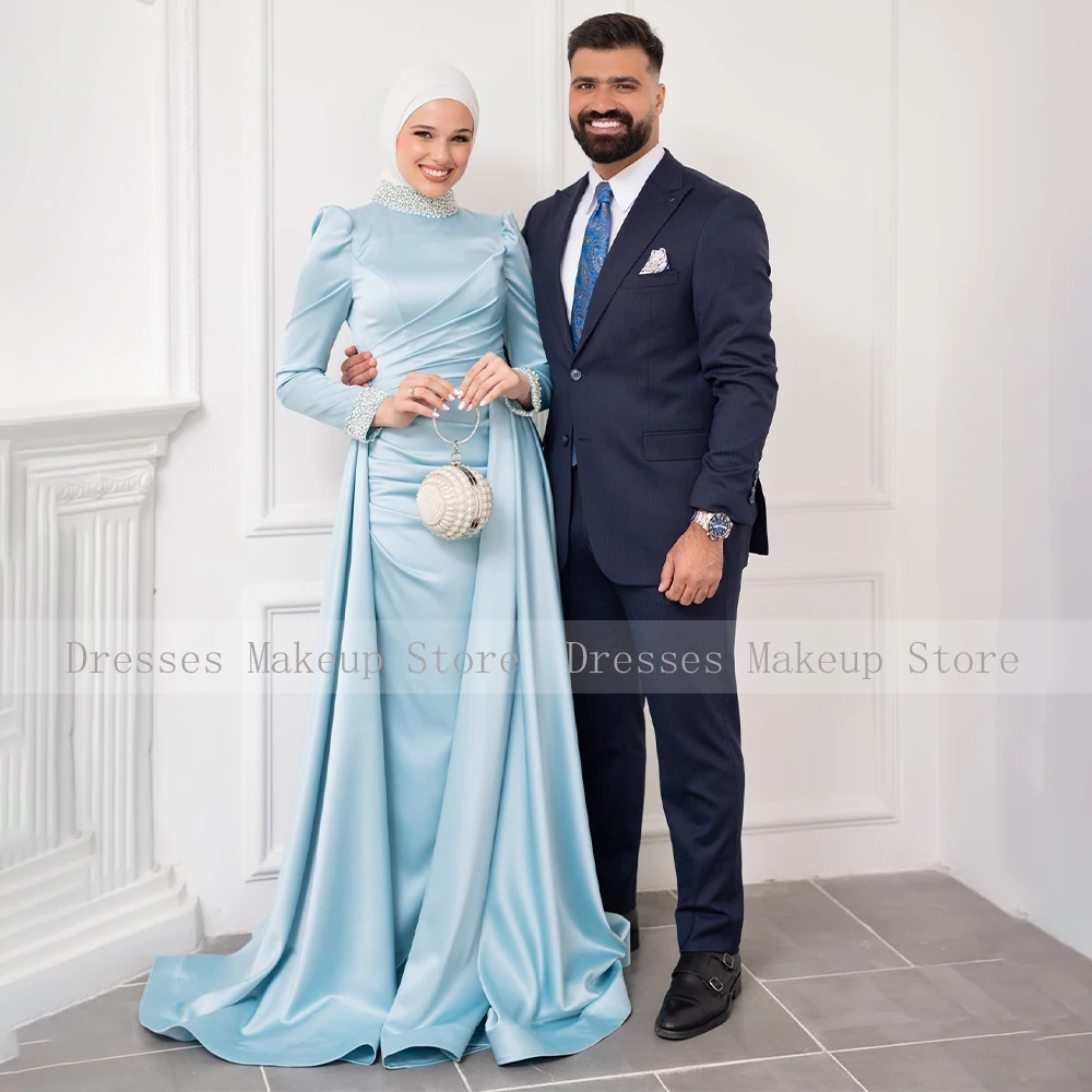 Baby Blue Wedding Guest Dress Long Crystal High Collar Column Formal Party Gowns for Women 2024 Full Sleeves Satin Evening Dress