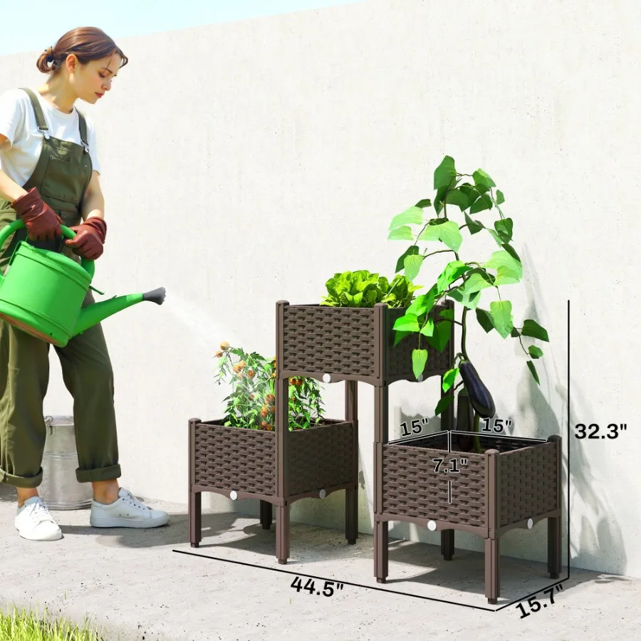 Plastic Raised Garden Bed with Legs, Self Watering Elevated Planter Boxes with Drainage Holes and Plugs, Easy Assembly