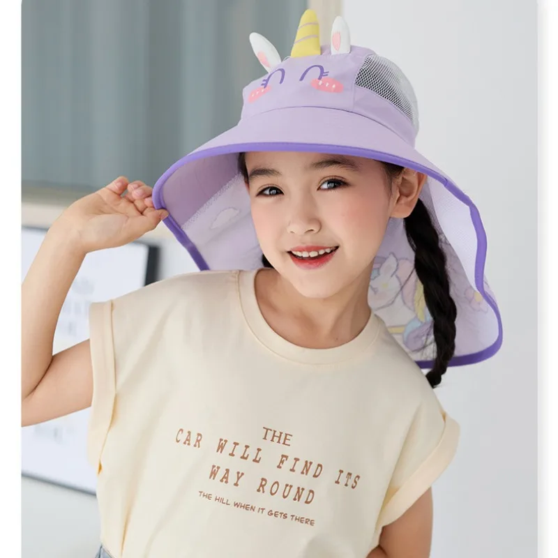 Cartoon Summer Baby Sun Hat with Neck Flap UV Protection Strap Wide Brim Beach Hats Outdoor Kids Bucket Hat Cap for Boys Girls