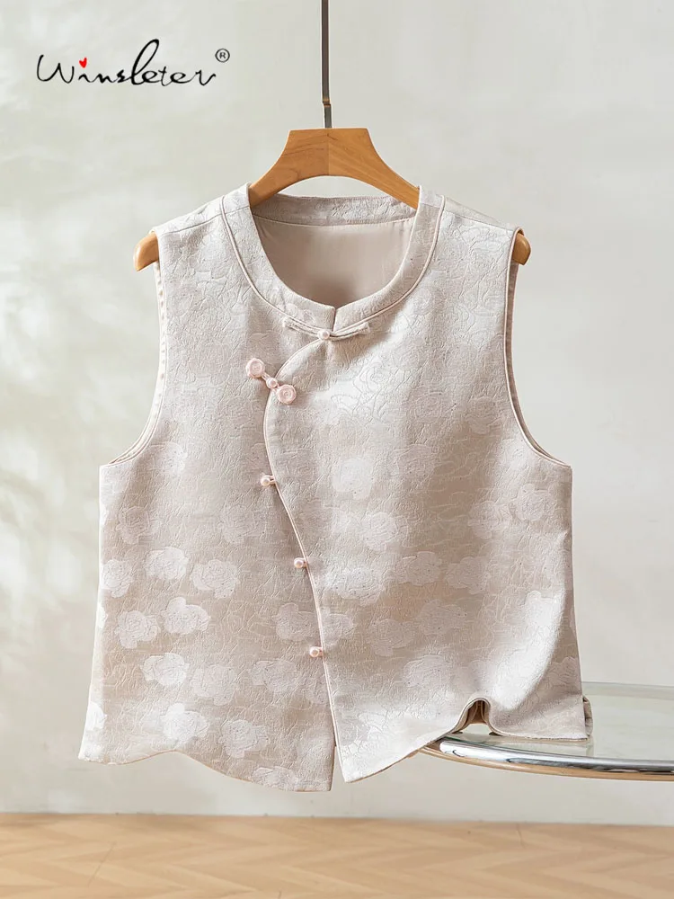 

Winsleter-30% шелк, 3% шерсть, элегантный жилет, пуговицы с круглым вырезом и цветочным принтом, женский темпераментный жилет в стиле ретро, осень 2023, новинка C5N234CC