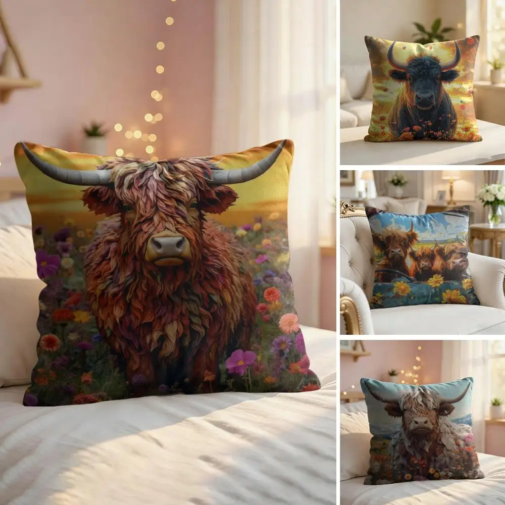 Vibrant Highland Cow Pattern Cushion Cover Soft Short Plush Pillow Cover Smooth Cozy Texture Aesthetic Cushion Case Home Decor