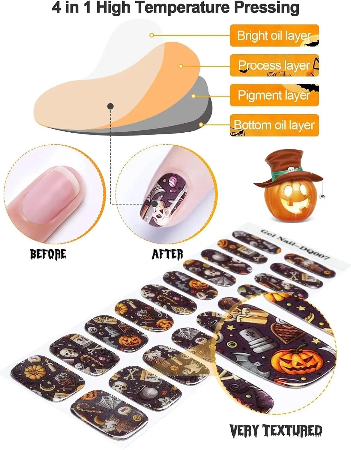 شرائط أظافر جل الهالوين، أغطية أظافر كاملة تدوم طويلاً مع أدوات (يطلوبة مصباح الأشعة فوق البنفسجية/LED)