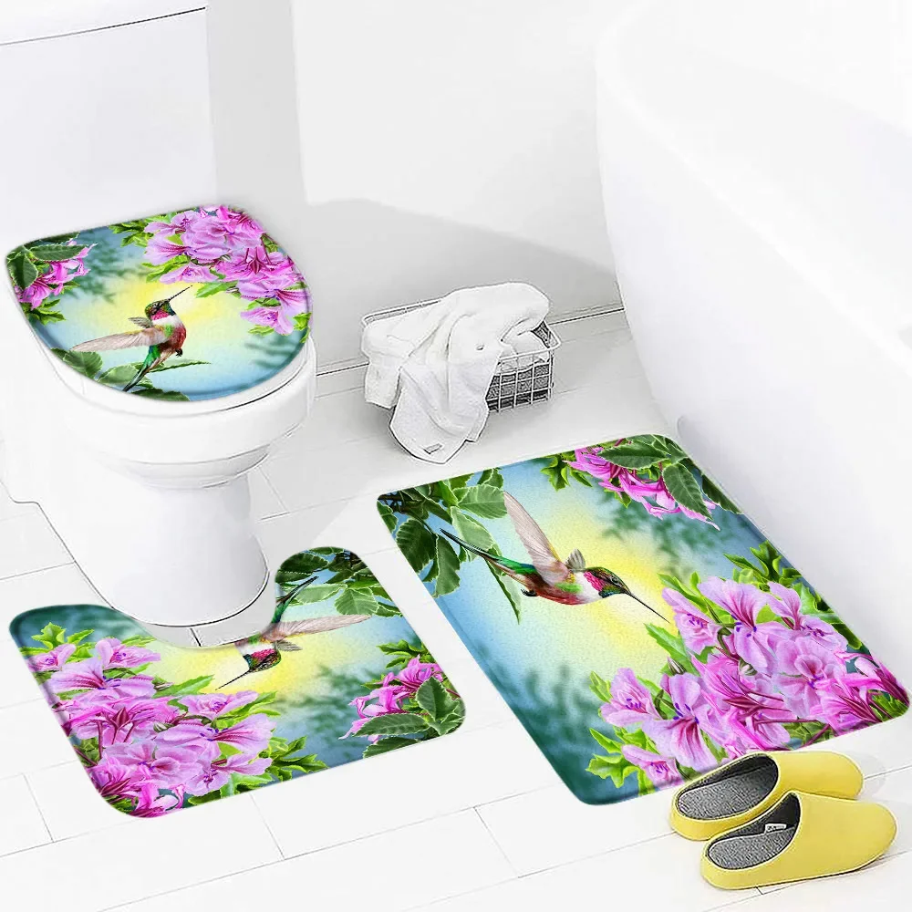 

Hummingbird Flower-Bird Style Printed Bathroom Set Bathroom non-slip Carpet Floor mat Toilet Seat mat Super Soft Absorb water