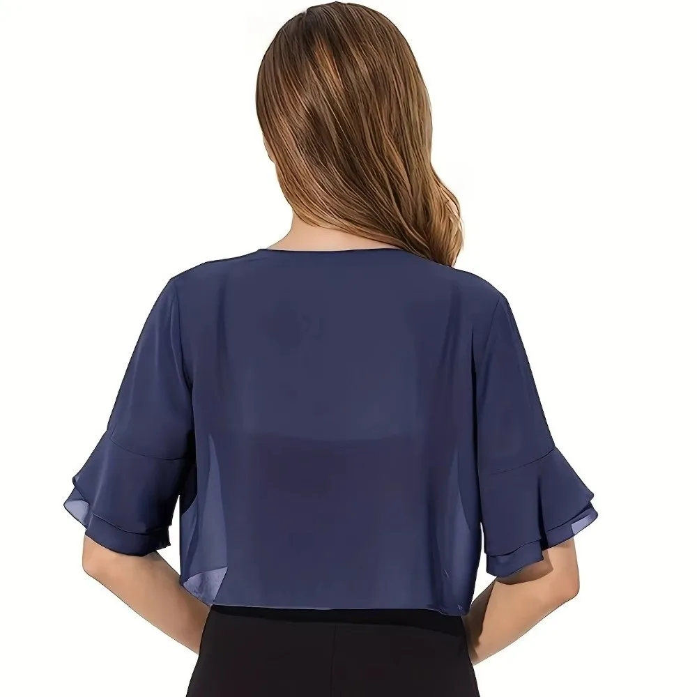 

Легкий шифоновый топ с коротким рукавом и оборками «лотос», открытый спереди, для лета