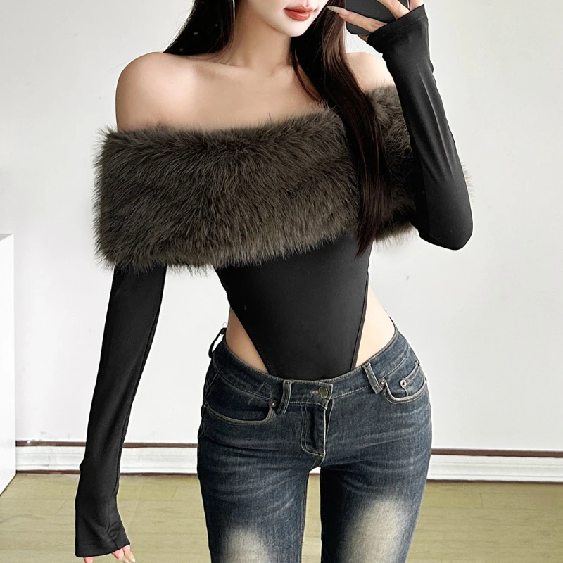 

Новые осенние топы, женские пушистые лоскутные классические боди с вырезом на шее и открытой спиной, с длинными рукавами для девочек, уличная мода