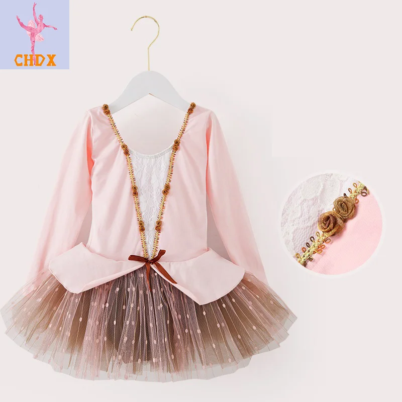 Новое танцевальное платье с длинным рукавом для девочек, хлопковая балетная одежда с тюлем, балетное платье для малышей, детское платье-пачка, детские танцевальные юбки