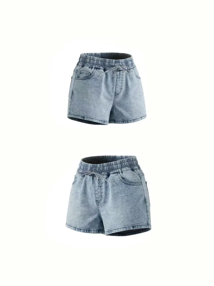 

OIQERE 2026 New Light Wash Denim Shorts Women Elastic Waist Drawstring Loose Fit Casual Summer Jean Shorts Streetwear