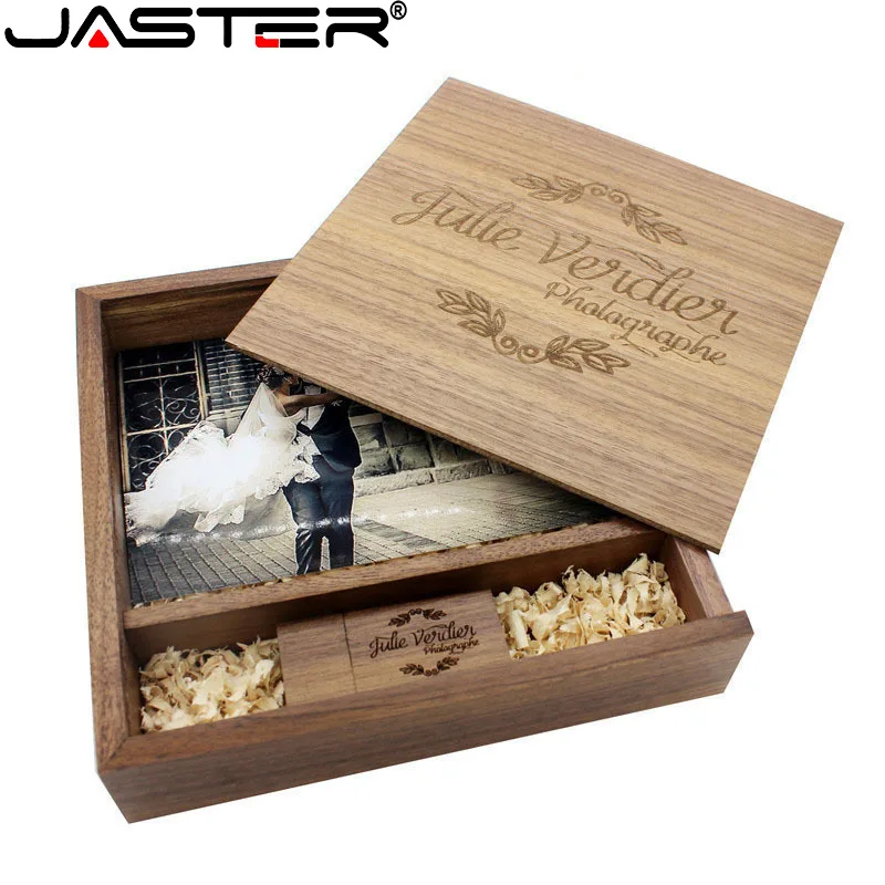 JASTER 월넛 메이플 사진 앨범, 나무 USB 및 박스 메모리 스틱, 펜드라이브, U 디스크 사진, 결혼 선물, 무료 커스텀 로고, 128GB, 64GB 