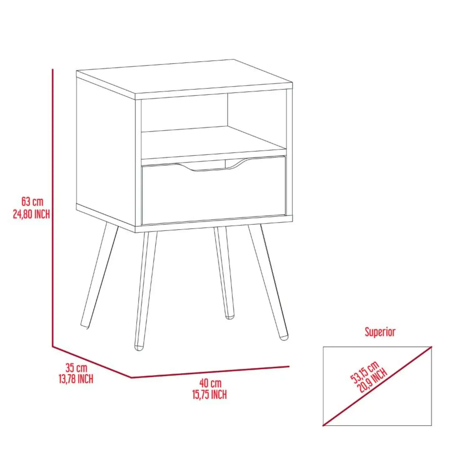 Otom Nightstand , Superior Top, One Open Shelf, One Drawer, Four Legs White / Light Oak